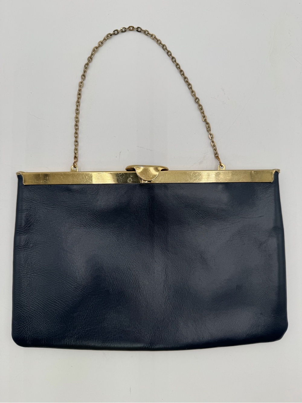 Vintage Etra Genuine Leather Navy Blue Clutch Purse Gold Chain Evening Bag